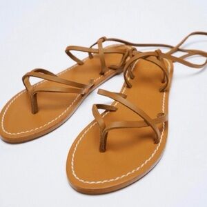 Zara Lace Up Tie Flat Tan Brown Leather Boho Gladiator Sandals size 7